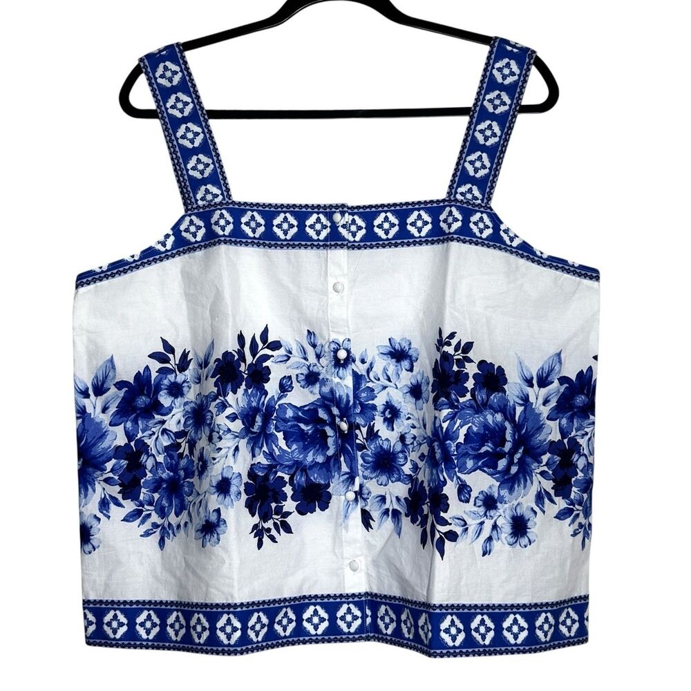 Lands End Women’s Blue Floral Poplin Tank Top Size L Coastal Chic Euro Summer